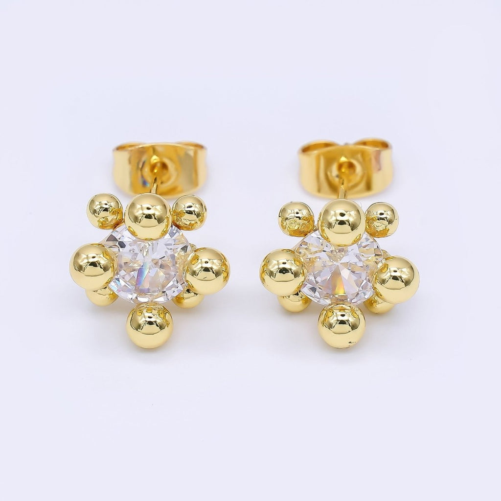24K Gold Filled 12mm Clear CZ Round Bead Stud Earrings in Gold & Silver | AI486 AI487