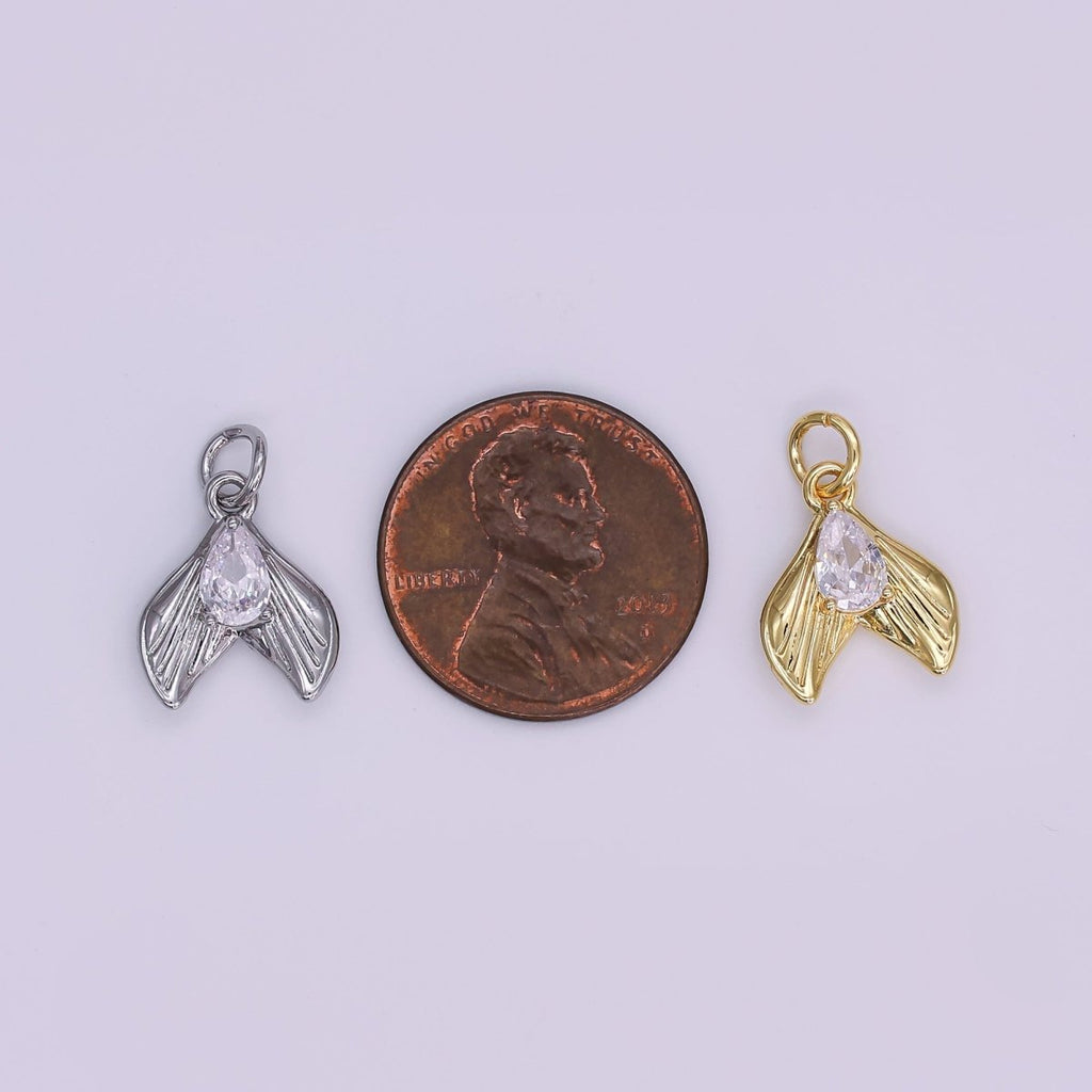 24K Gold Filled 13.5mm Clear CZ Teardrop Lined Fish Tail Charm in Gold & Silver | N858