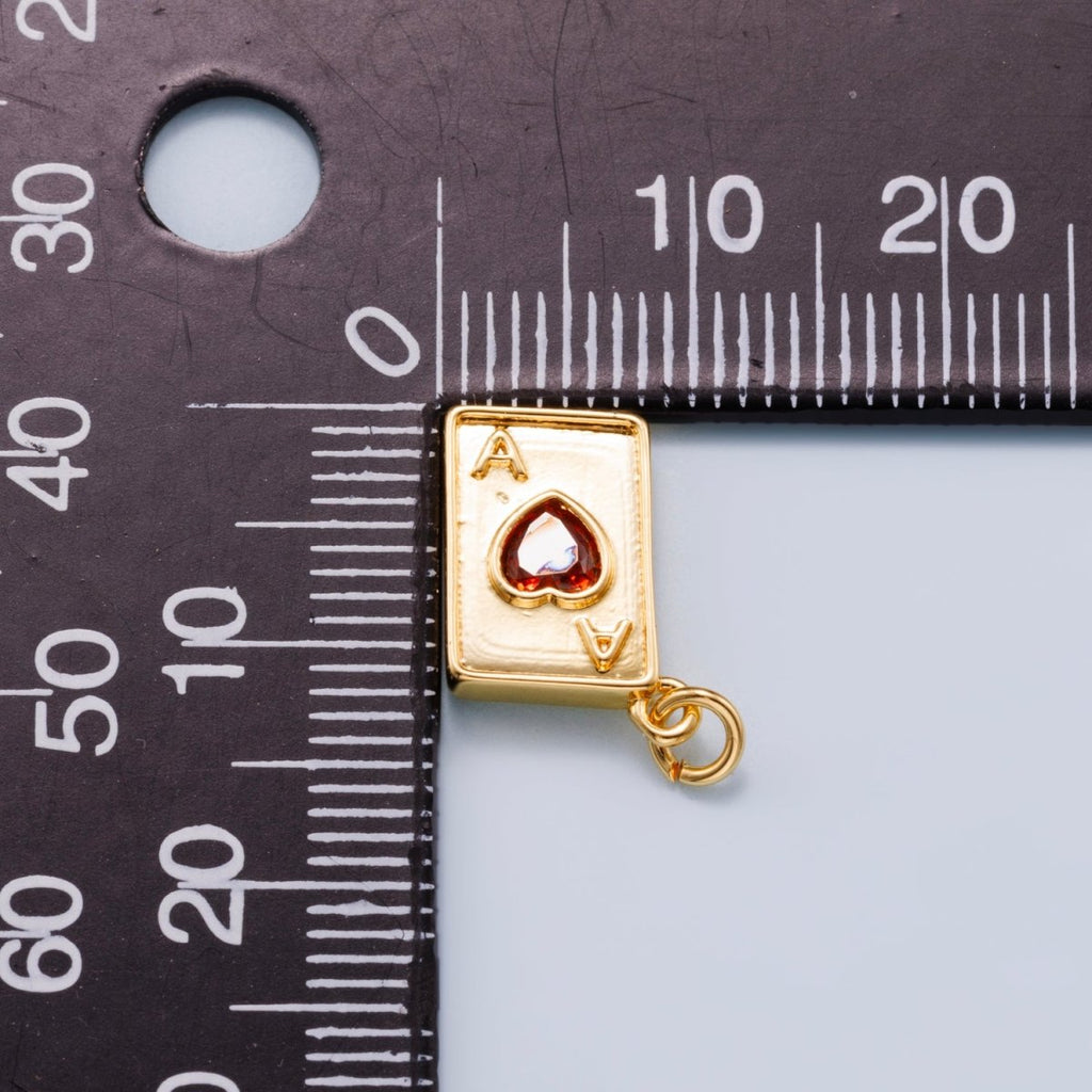 24K Gold Filled 13mm Red CZ Ace of Hearts Card Charm in Gold & Silver | Charms-00655 Charms-00656