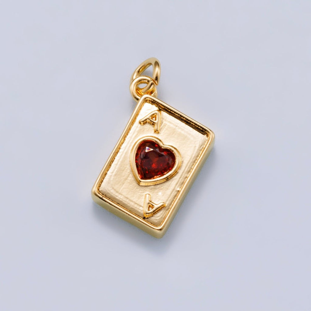 24K Gold Filled 13mm Red CZ Ace of Hearts Card Charm in Gold & Silver | Charms-00655 Charms-00656