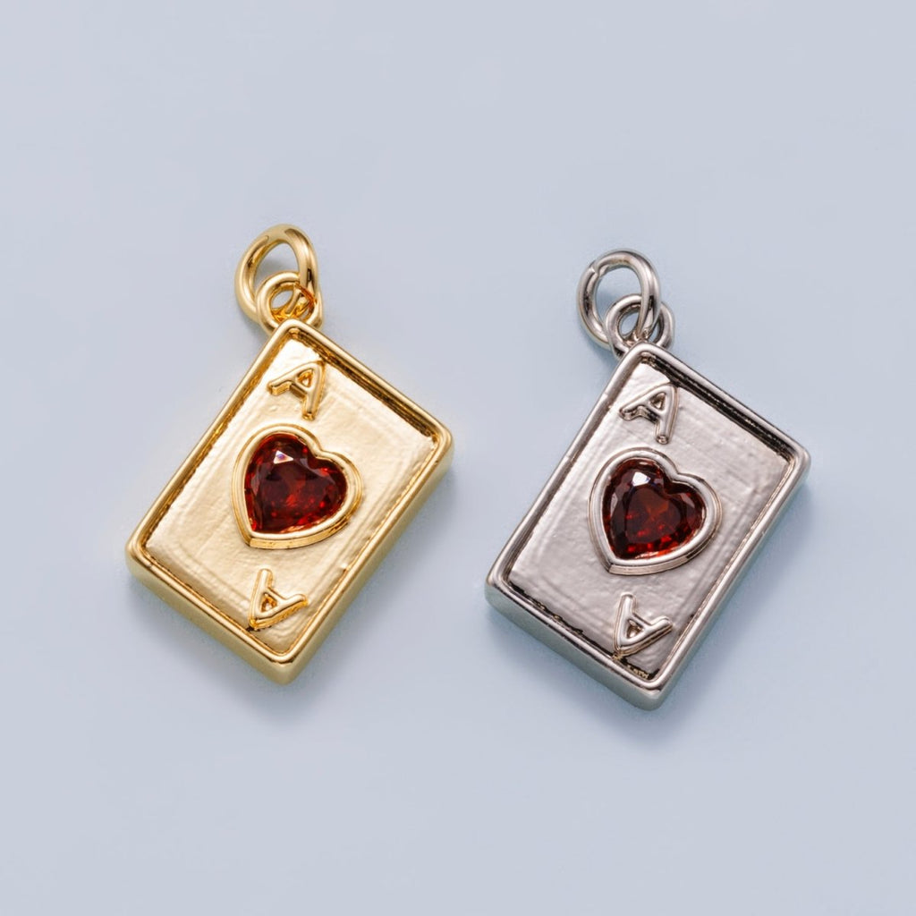 24K Gold Filled 13mm Red CZ Ace of Hearts Card Charm in Gold & Silver | Charms-00655 Charms-00656