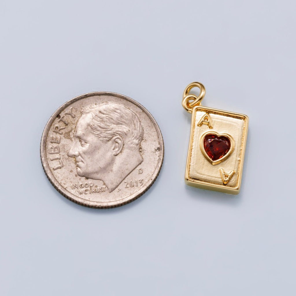 24K Gold Filled 13mm Red CZ Ace of Hearts Card Charm in Gold & Silver | Charms-00655 Charms-00656