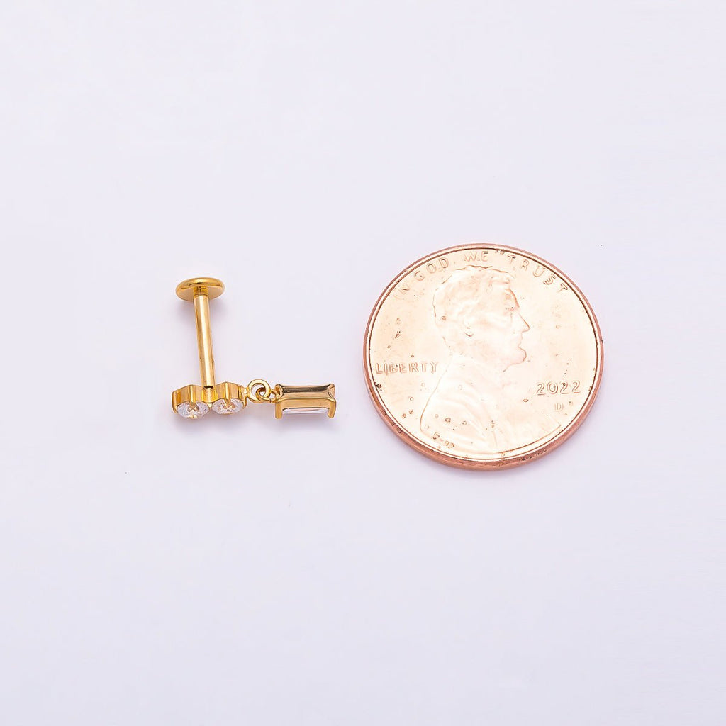 Titanium 14mm Clear CZ Round Baguette Drop Single Cartilage Piercing Flat Back Stud in Gold & Silver | BJ-00061 BJ-00062