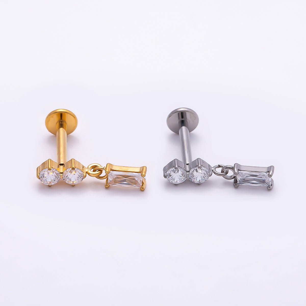 Titanium 14mm Clear CZ Round Baguette Drop Single Cartilage Piercing Flat Back Stud in Gold & Silver | BJ-00061 BJ-00062