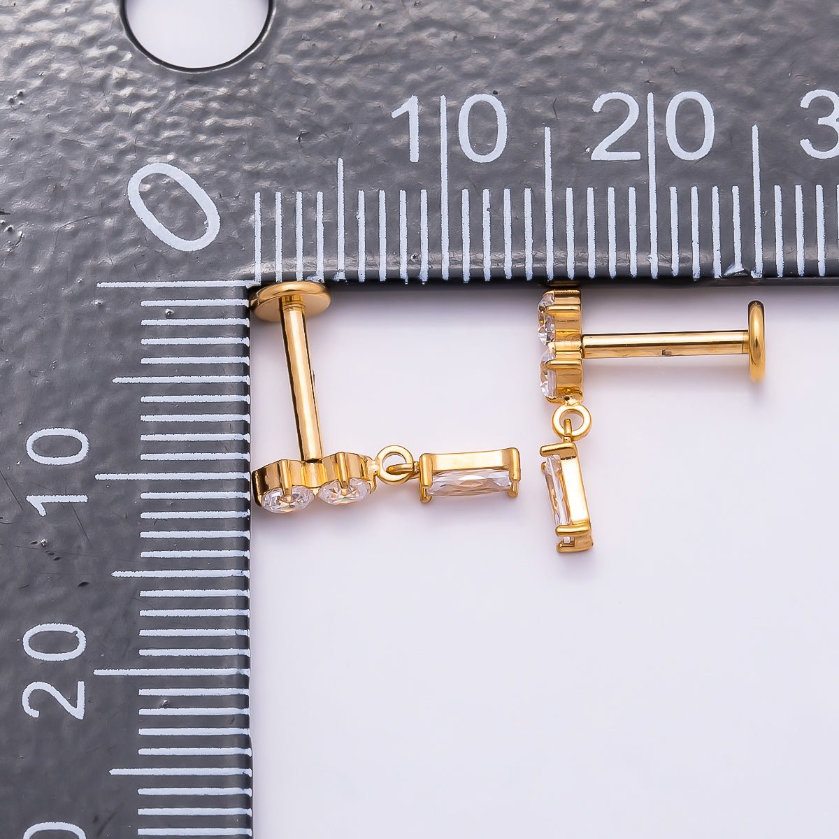 Titanium 14mm Clear CZ Round Baguette Drop Single Cartilage Piercing Flat Back Stud in Gold & Silver | BJ-00061 BJ-00062