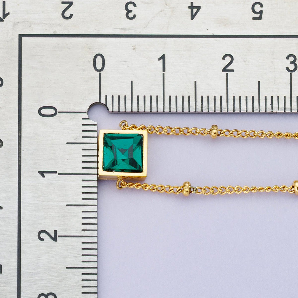 24K Gold Filled 15mm Green CZ Square Satellite Chain 20 Inch Necklace w. Extender | WA-04048