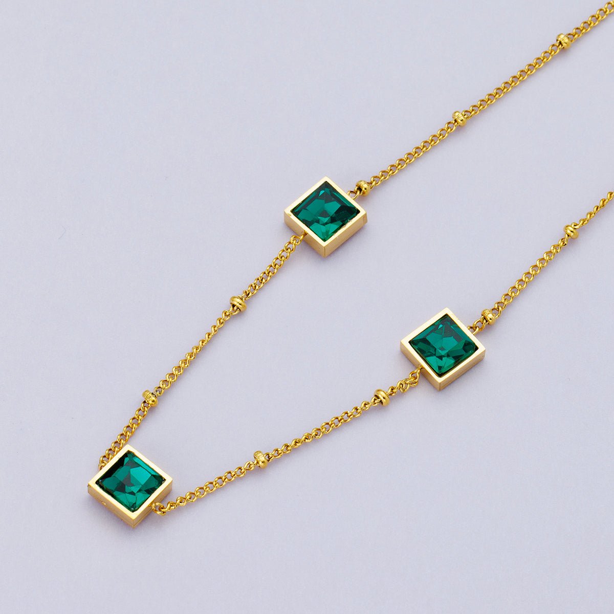 24K Gold Filled 15mm Green CZ Square Satellite Chain 20 Inch Necklace w. Extender | WA-04048