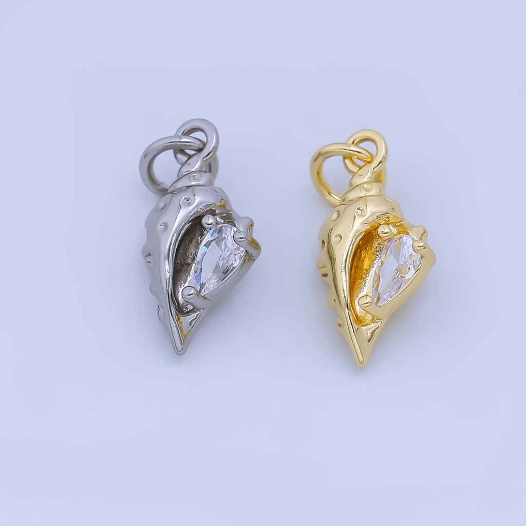 24K Gold Filled 16mm Teardrop CZ Clam Sea Shell Charm in Gold & Silver | AJ480