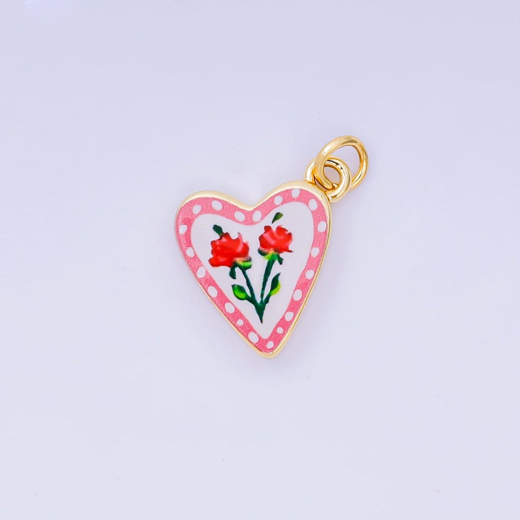 24K Gold Filled 17mm Rose, Cherry Enamel Heart Charm | AJ516 AJ524