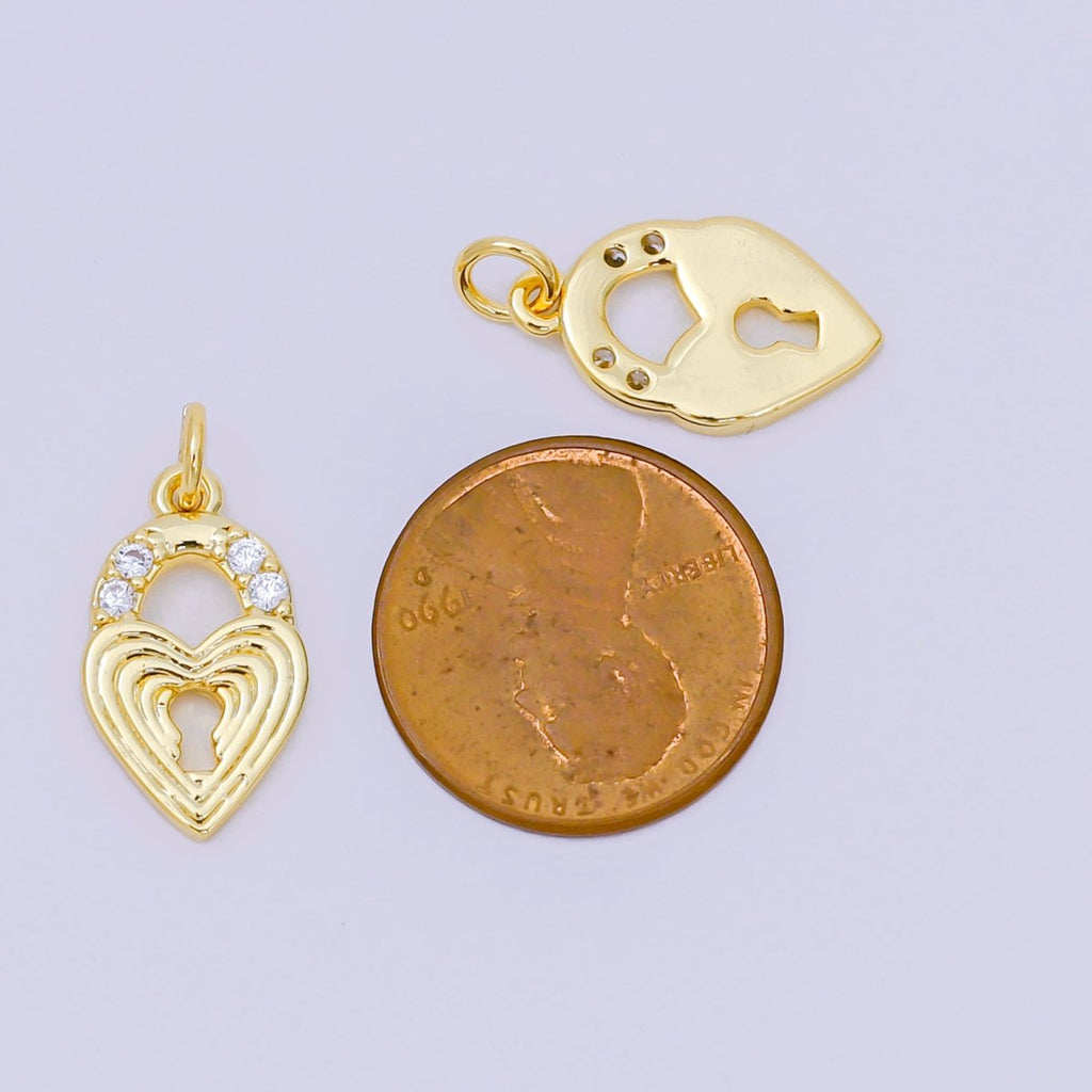 24K Gold Filled 18mm Micro Paved CZ Ribbed Heart Love Padlock Charm | AH641