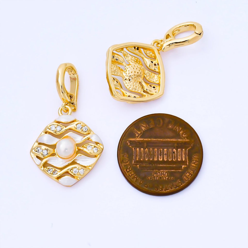 24K Gold Filled 18mm Micro Paved CZ Shell Pearl Wavy Rhombus Tag Pendant | AA1655