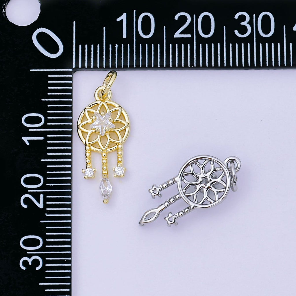 24K Gold Filled 19.5mm Clear, Pink CZ Dreamcatcher Charm in Gold & Silver | AJ469 AJ470