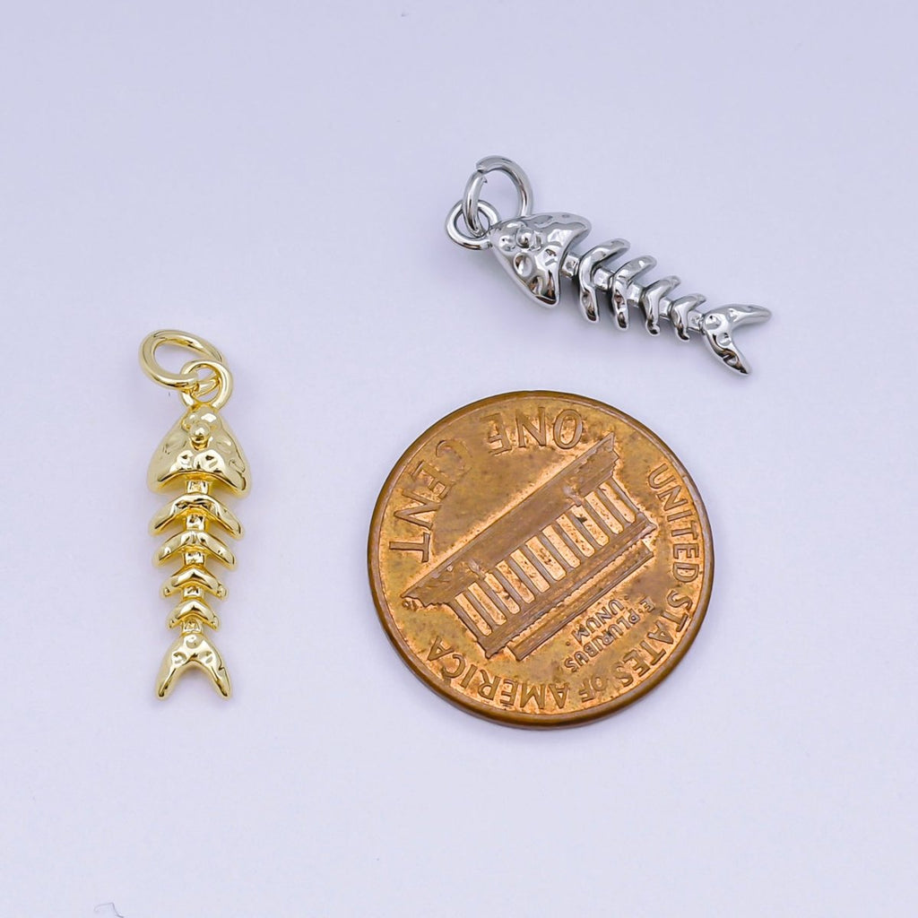24K Gold Filled 19mm Hammered Fish Bone 3D Multidimensional Charm in Gold & Silver | AJ475