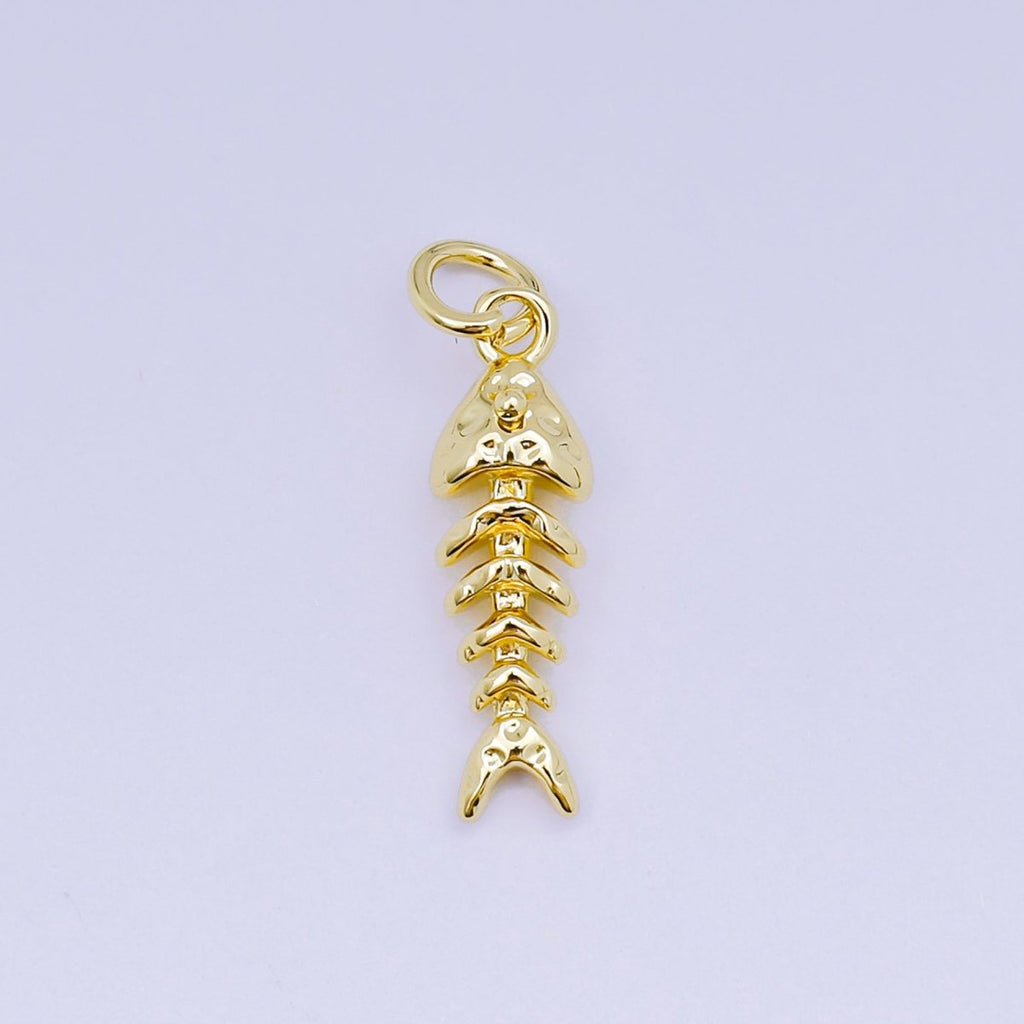 24K Gold Filled 19mm Hammered Fish Bone 3D Multidimensional Charm in Gold & Silver | AJ475