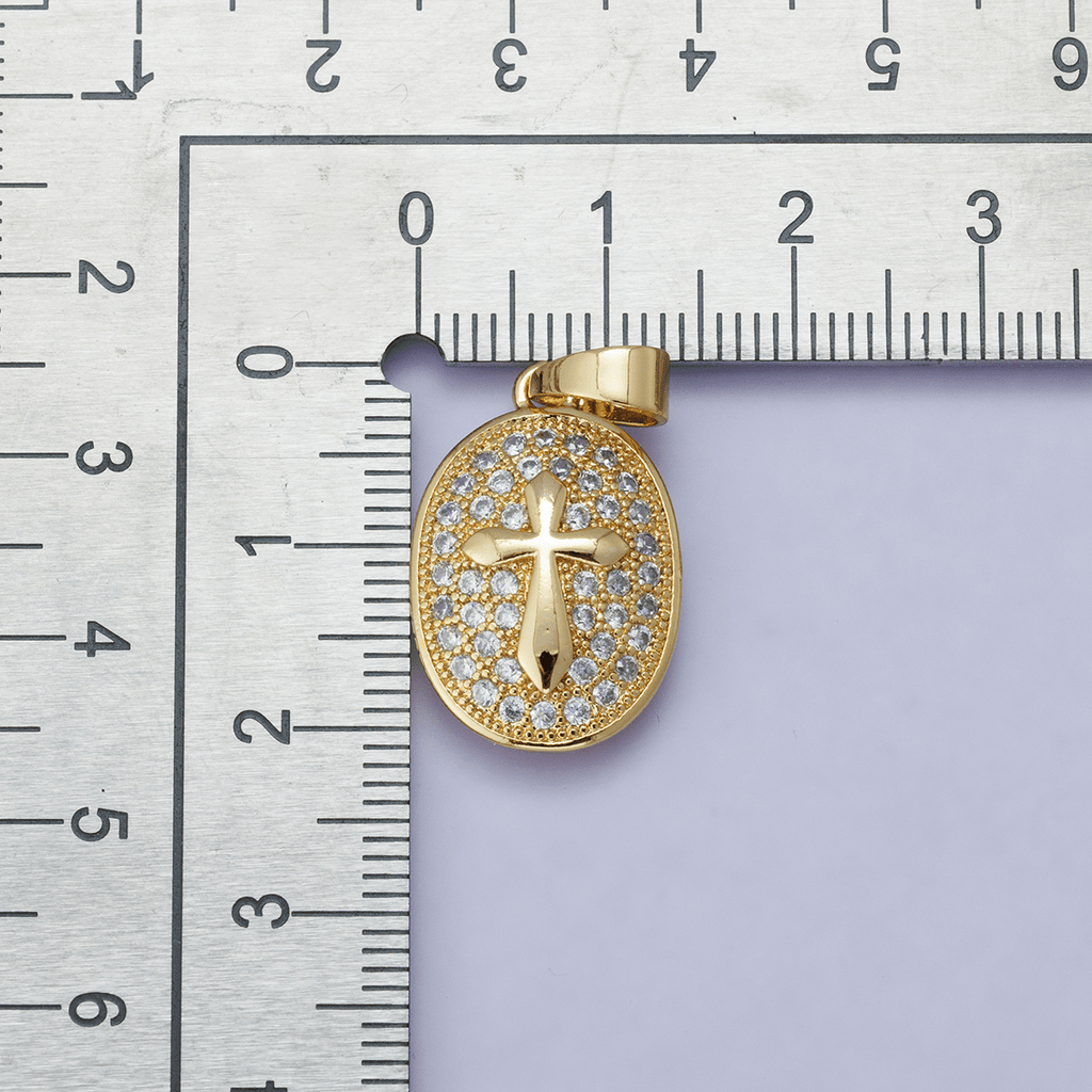 24K Gold Filled 21mm Micro Paved CZ Cross Oval Religious Pendant | H00096