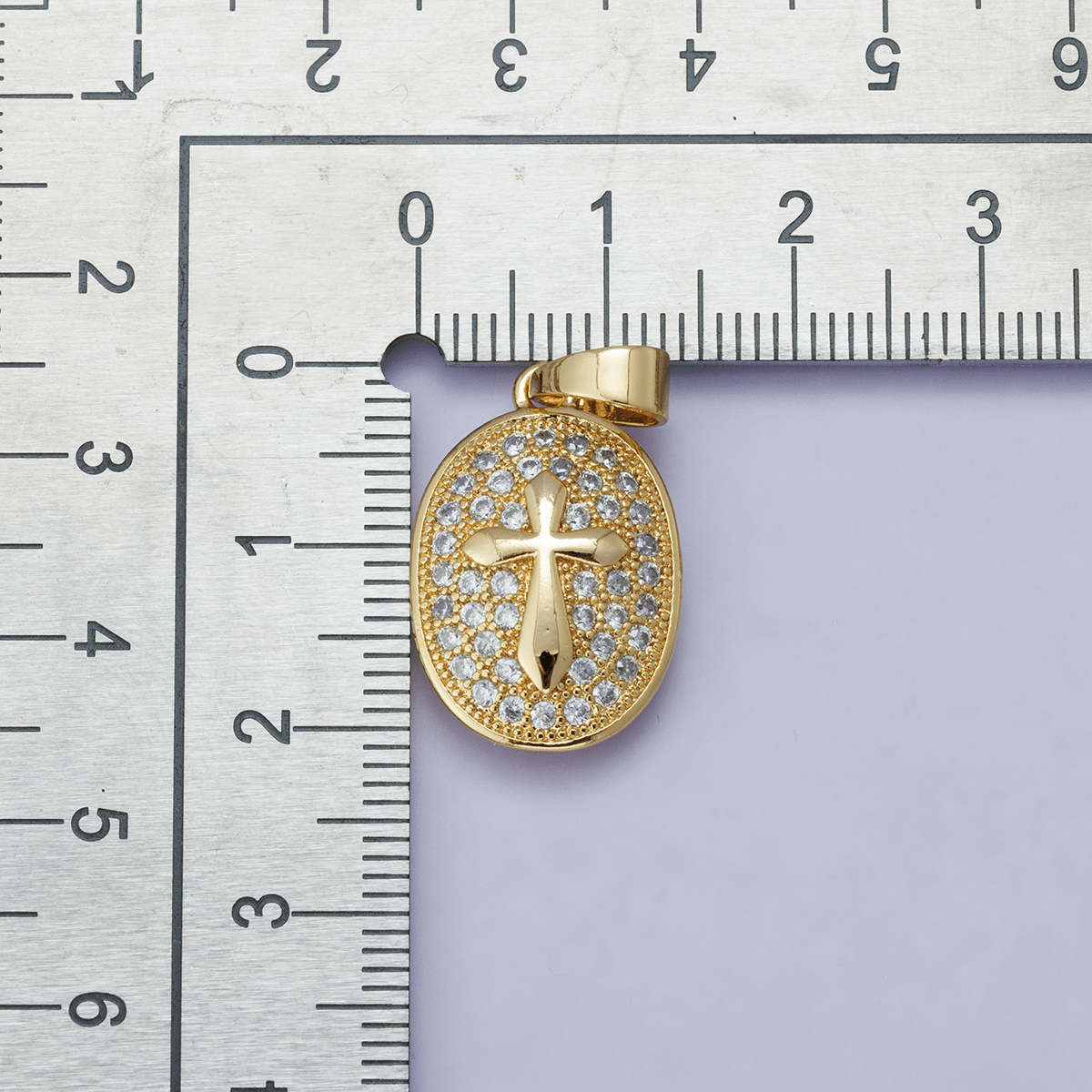 24K Gold Filled 21mm Micro Paved CZ Cross Oval Religious Pendant | H00096