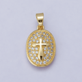 24K Gold Filled 21mm Micro Paved CZ Cross Oval Religious Pendant | H00096