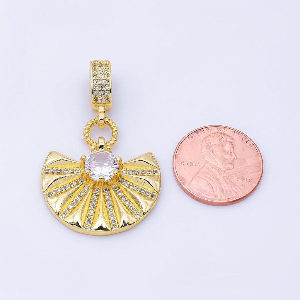 24K Gold Filled 22.5mm Fan Round Micro Paved CZ Rondelle Bail Drop Pendant | I003