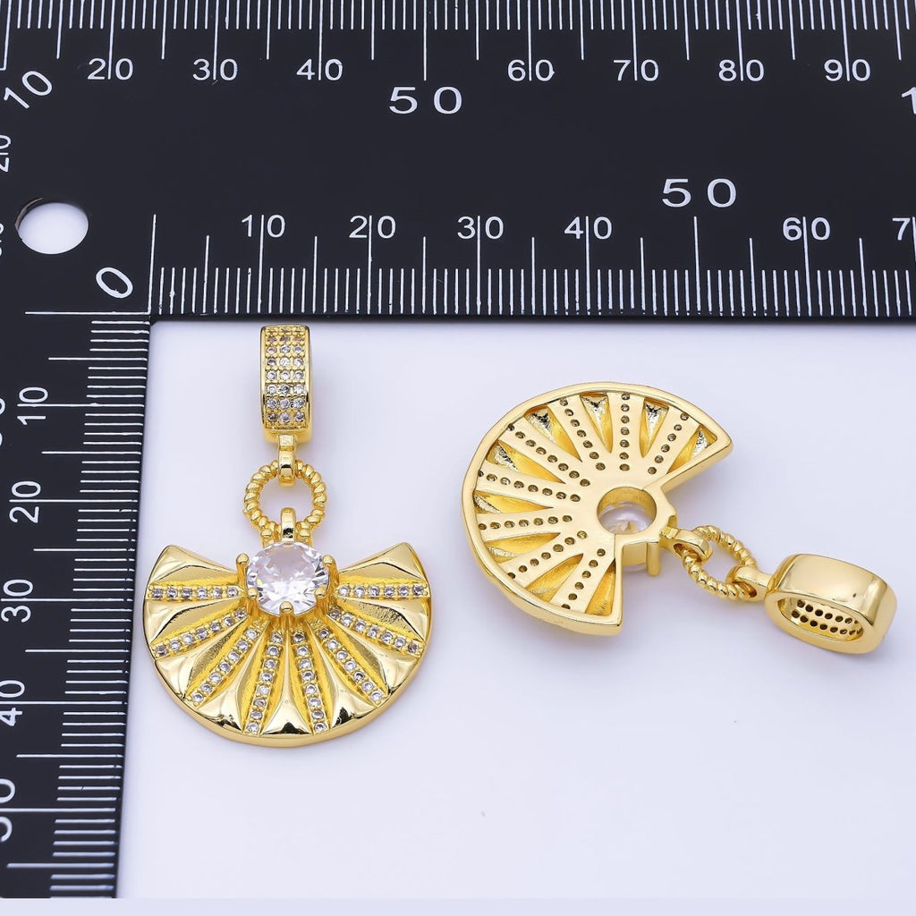 24K Gold Filled 22.5mm Fan Round Micro Paved CZ Rondelle Bail Drop Pendant | I003