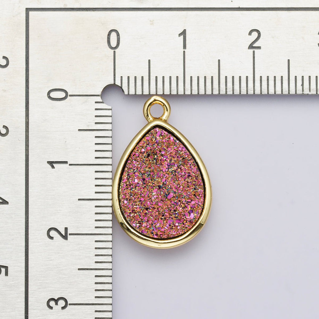 24K Gold Filled 22mm Pink, Purple Glitter Druzy Teardrop Charm | E00439