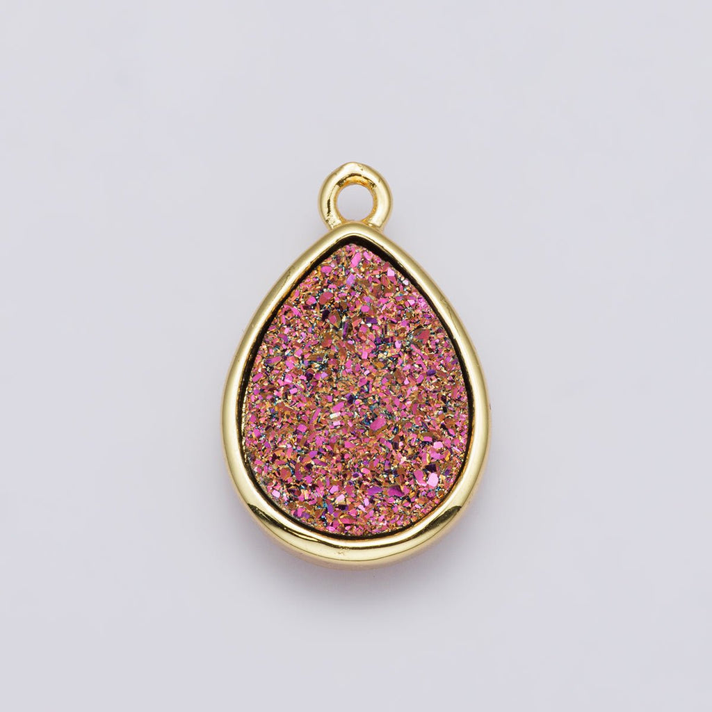 24K Gold Filled 22mm Pink, Purple Glitter Druzy Teardrop Charm | E00439
