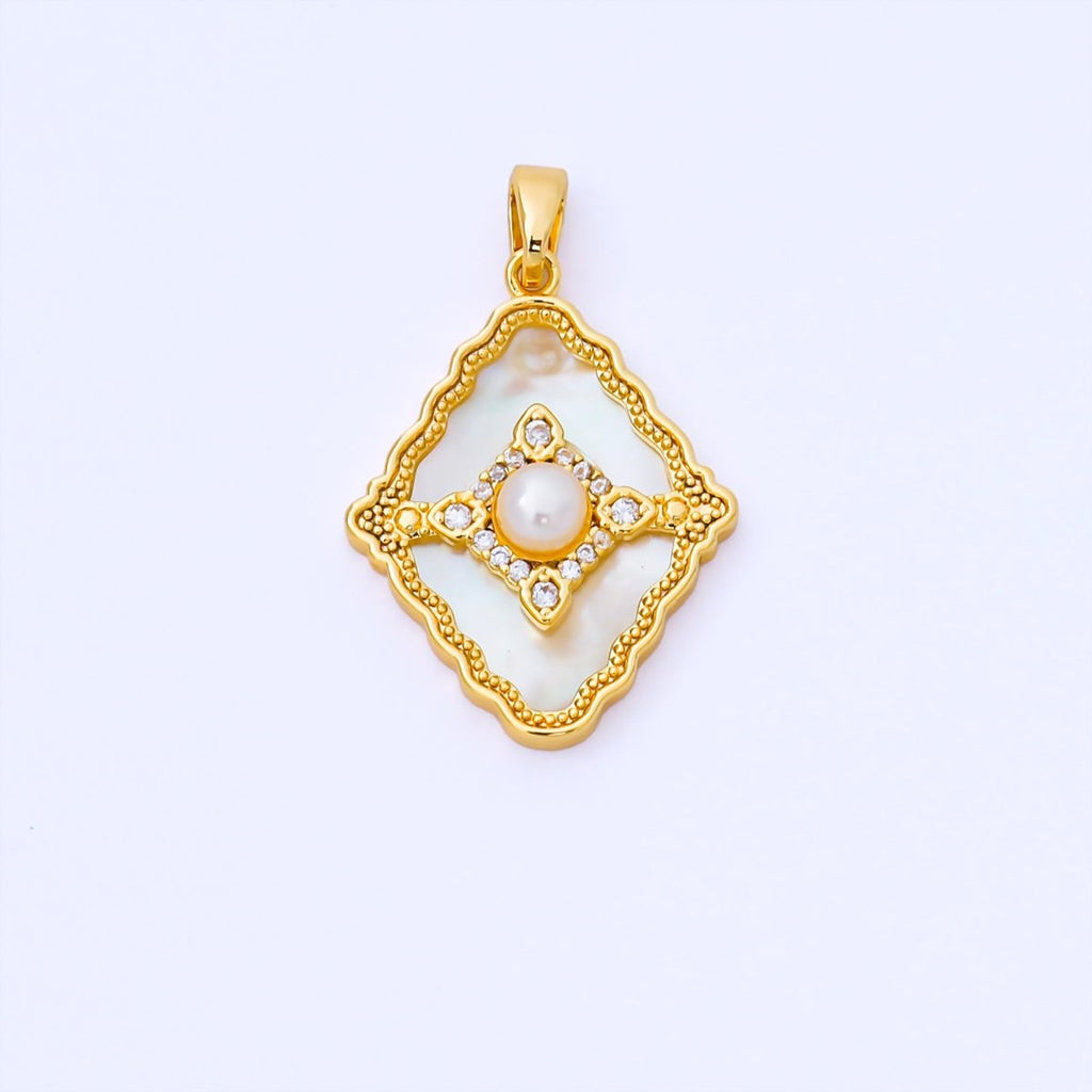24K Gold Filled 24mm Micro Paved CZ Mother of Pearl Dazzling Rhombus Pendant | AA1653