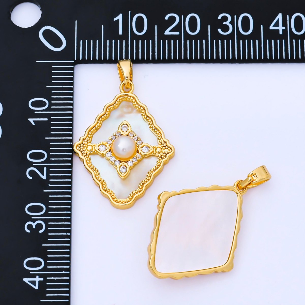 24K Gold Filled 24mm Micro Paved CZ Mother of Pearl Dazzling Rhombus Pendant | AA1653