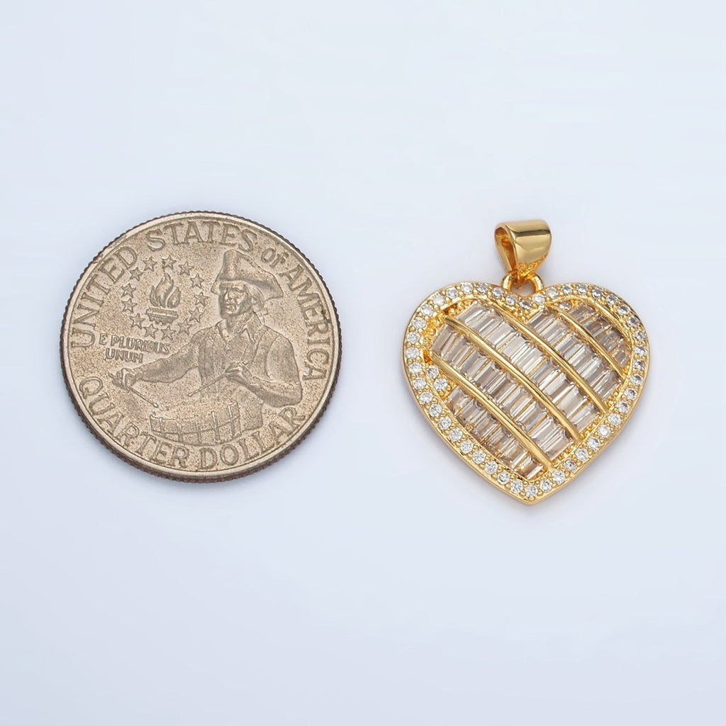 24K Gold Filled 25mm Baguette Micro Paved CZ Lined Heart Pendant | I459