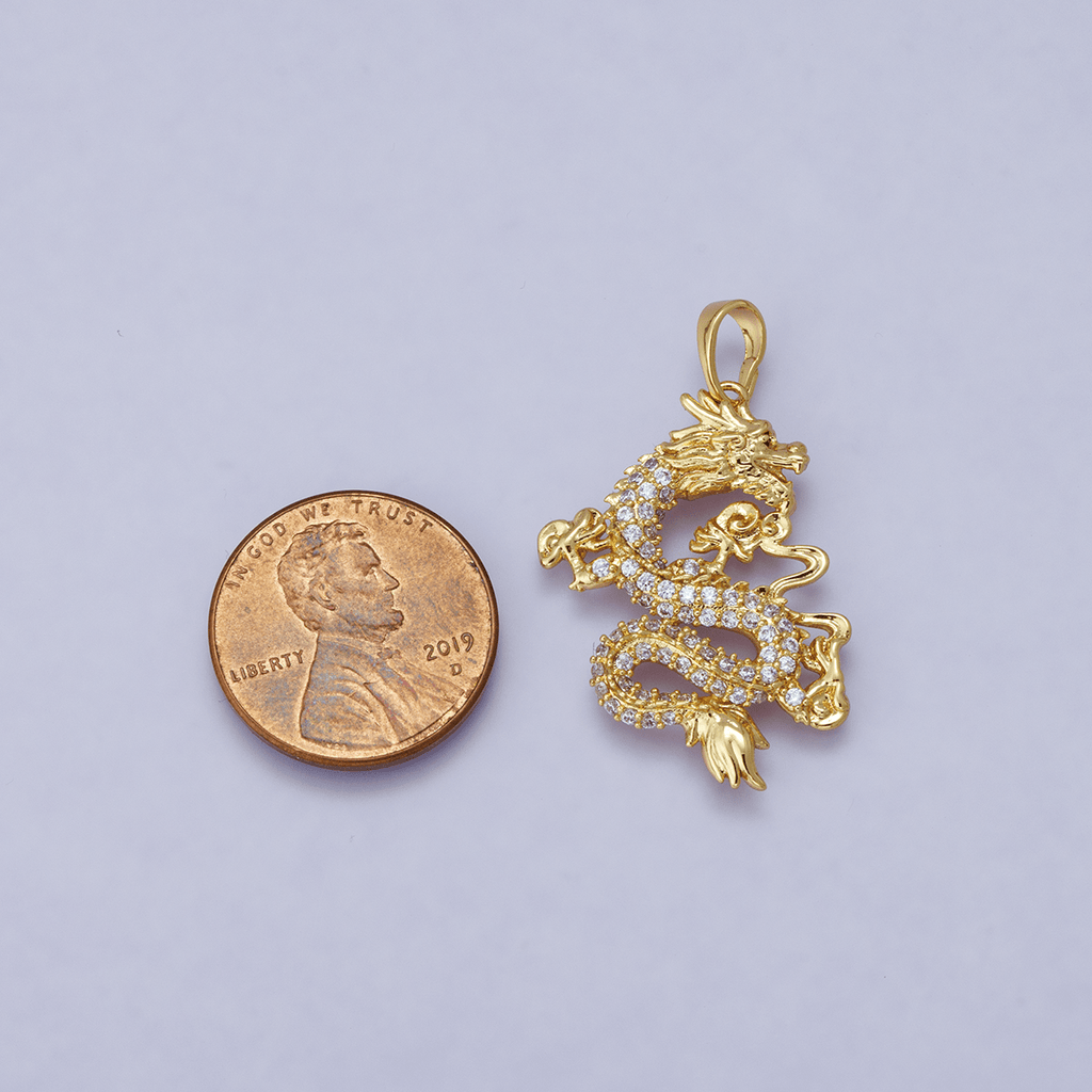 24K Gold Filled 28mm Micro Paved CZ Oriental Dragon Lucky Pendant | H00627