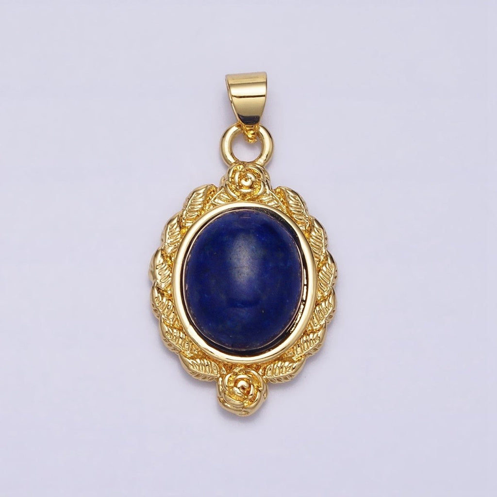 24K Gold Filled 29mm Lapis Lazuli, Malachite, Moss Agate Cabochon Gemstone Leaf Rose Bezel Pendant | AA286 - AA288