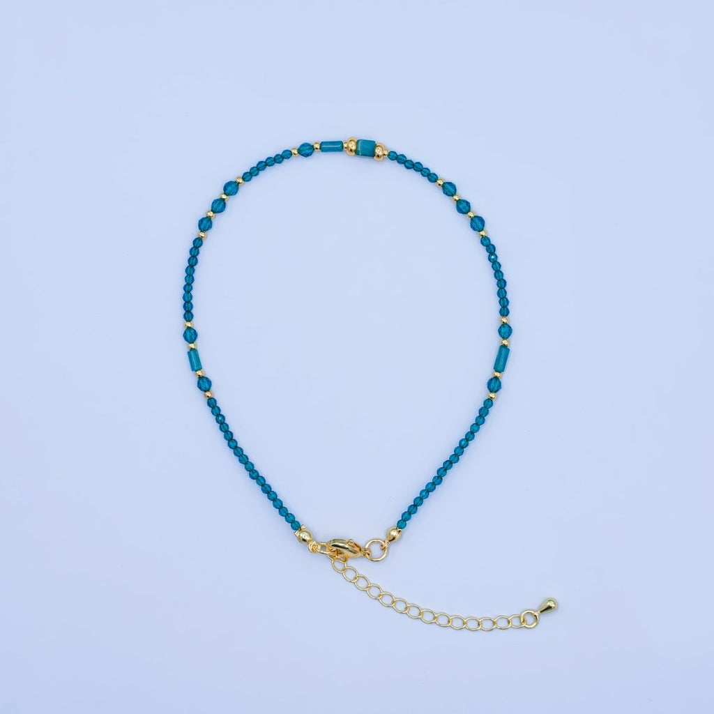 24K Gold Filled 2mm Blue Multifaceted Gemstone 9 Inch Anklet Bracelet | WA-2947