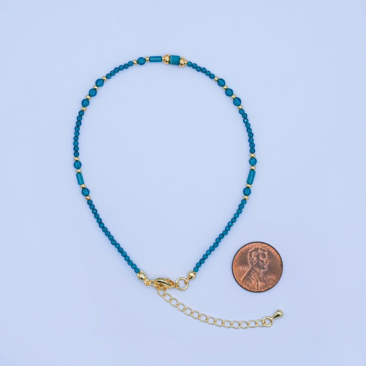 24K Gold Filled 2mm Blue Multifaceted Gemstone 9 Inch Anklet Bracelet | WA-2947
