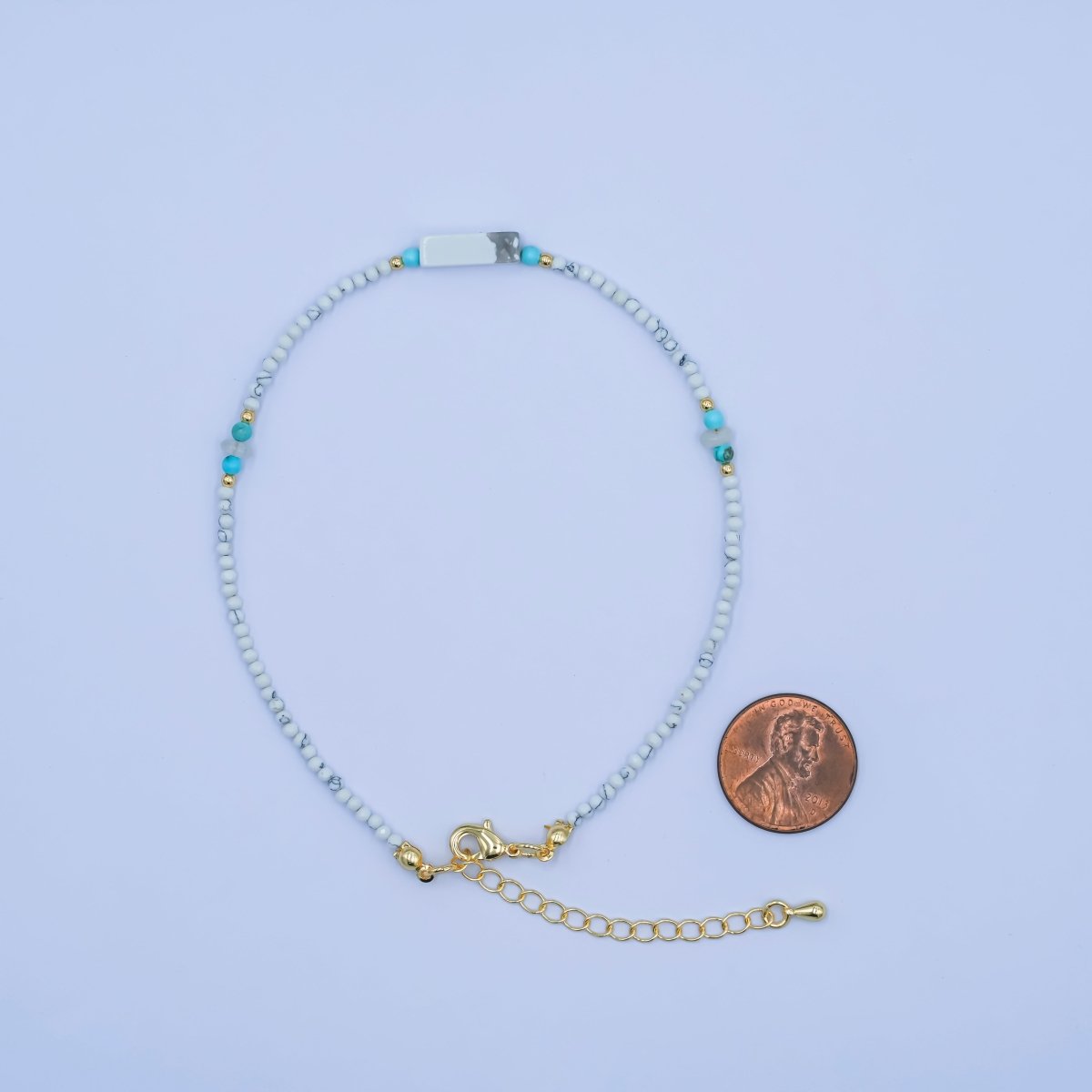 24K Gold Filled 2mm Blue Turquoise Howlite Gemstone 9.5 Inch Anklet | WA-2952
