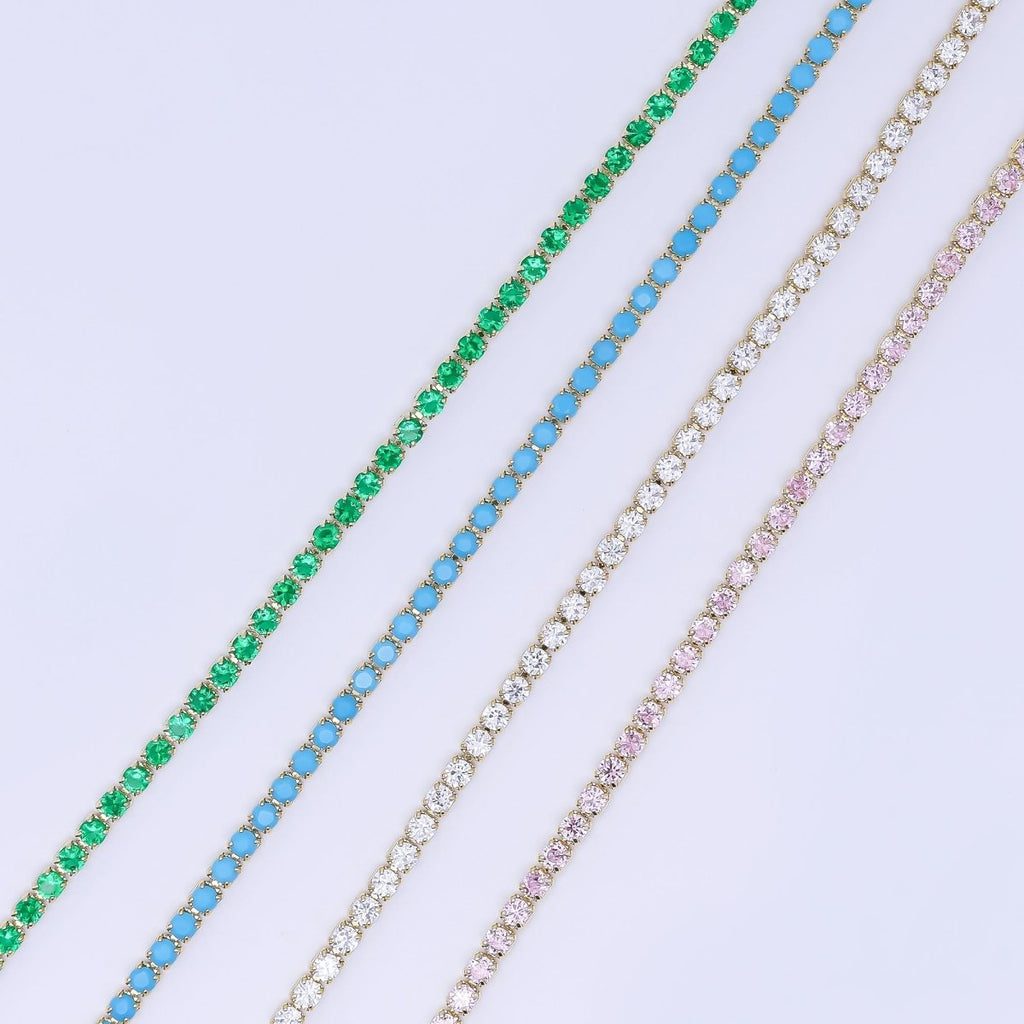 24K Gold Filled 2mm Green, Pink, Blue, Clear Classic Tennis Chain 7 Inch Bracelet | WA-1600