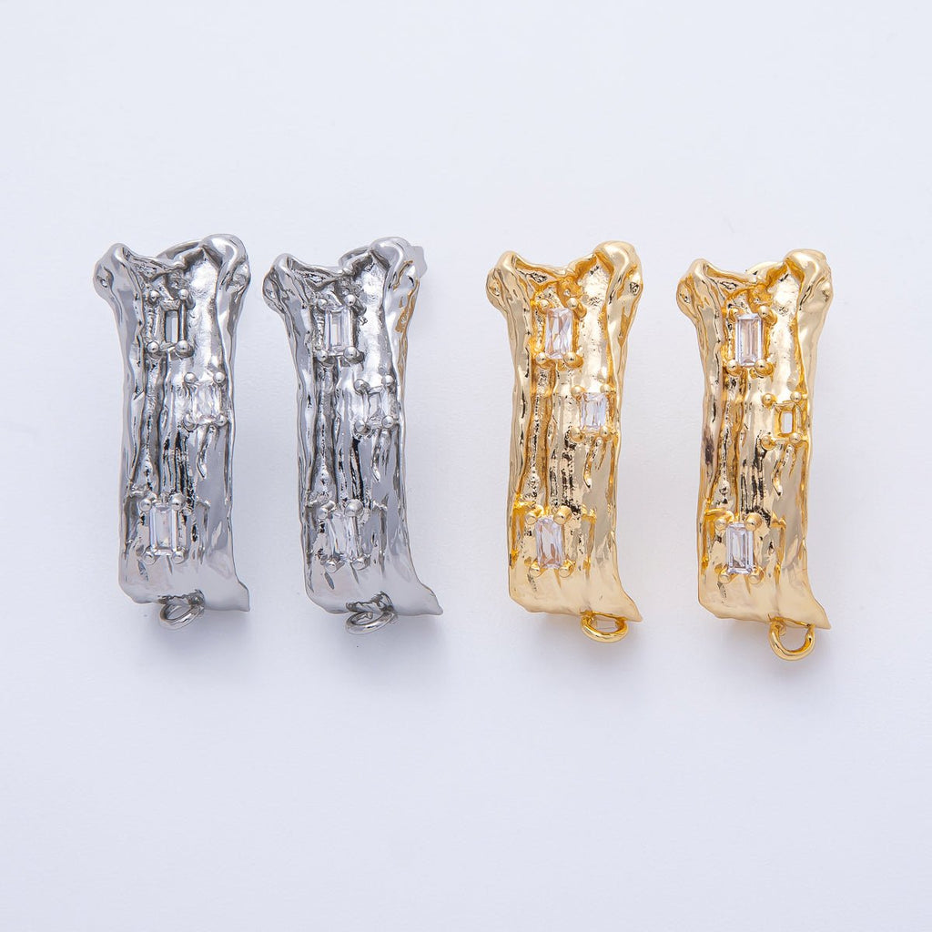 24K Gold Filled 30mm Baguette CZ Hammered Tube Drop Stud Earrings in Gold & Silver | Z1668