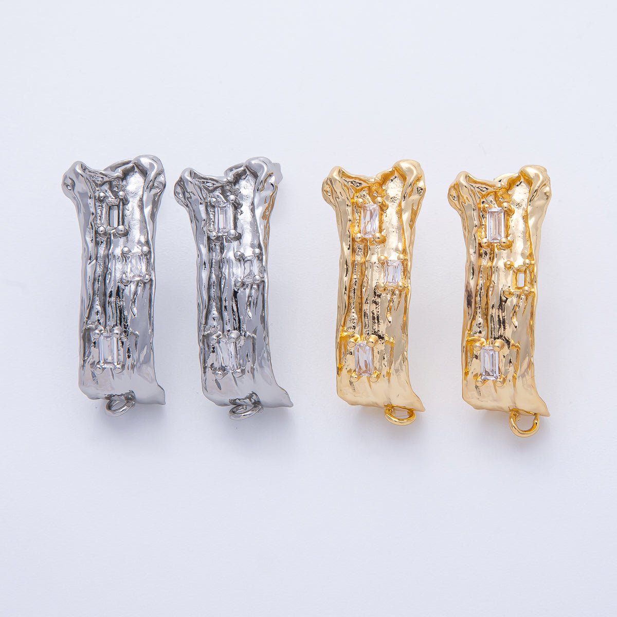 24K Gold Filled 30mm Baguette CZ Hammered Tube Drop Stud Earrings in Gold & Silver | Z1668