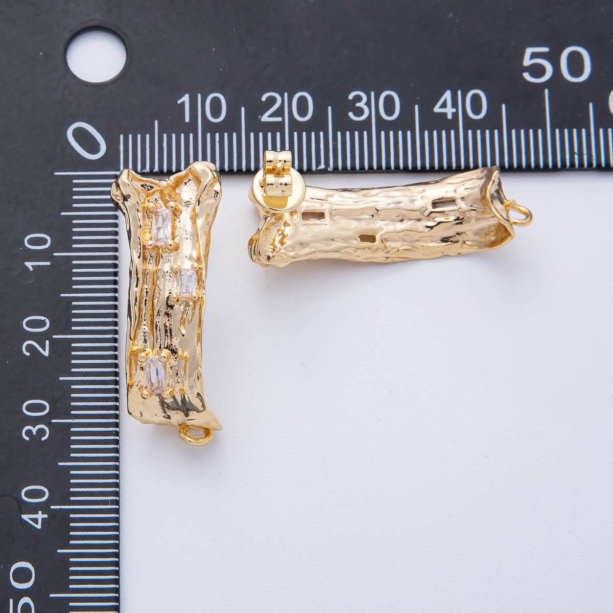 24K Gold Filled 30mm Baguette CZ Hammered Tube Drop Stud Earrings in Gold & Silver | Z1668