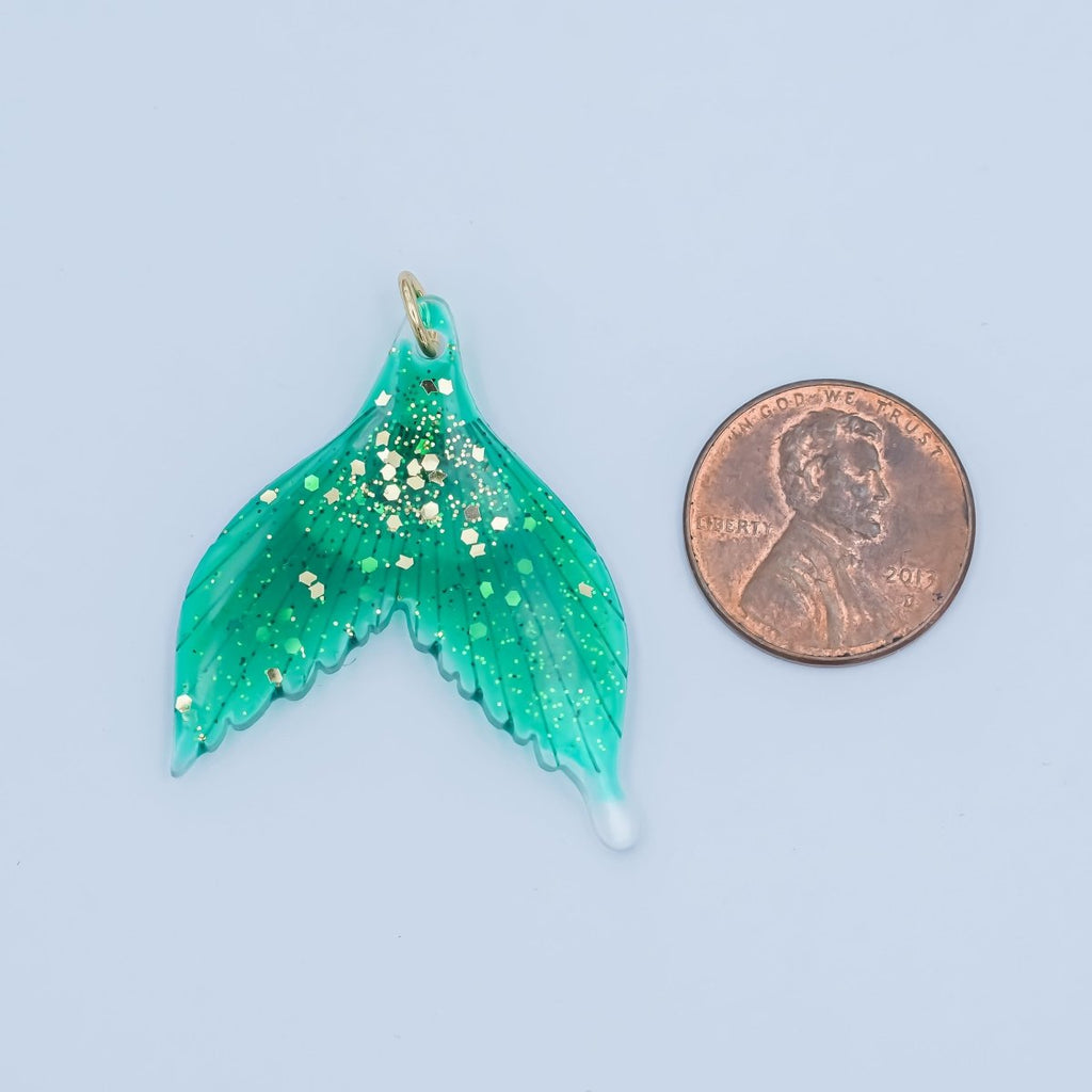 24K Gold Filled 34.5mm Green Gold-Fleck Mermaid Whale Fish Tail Acrylic Charm | N067