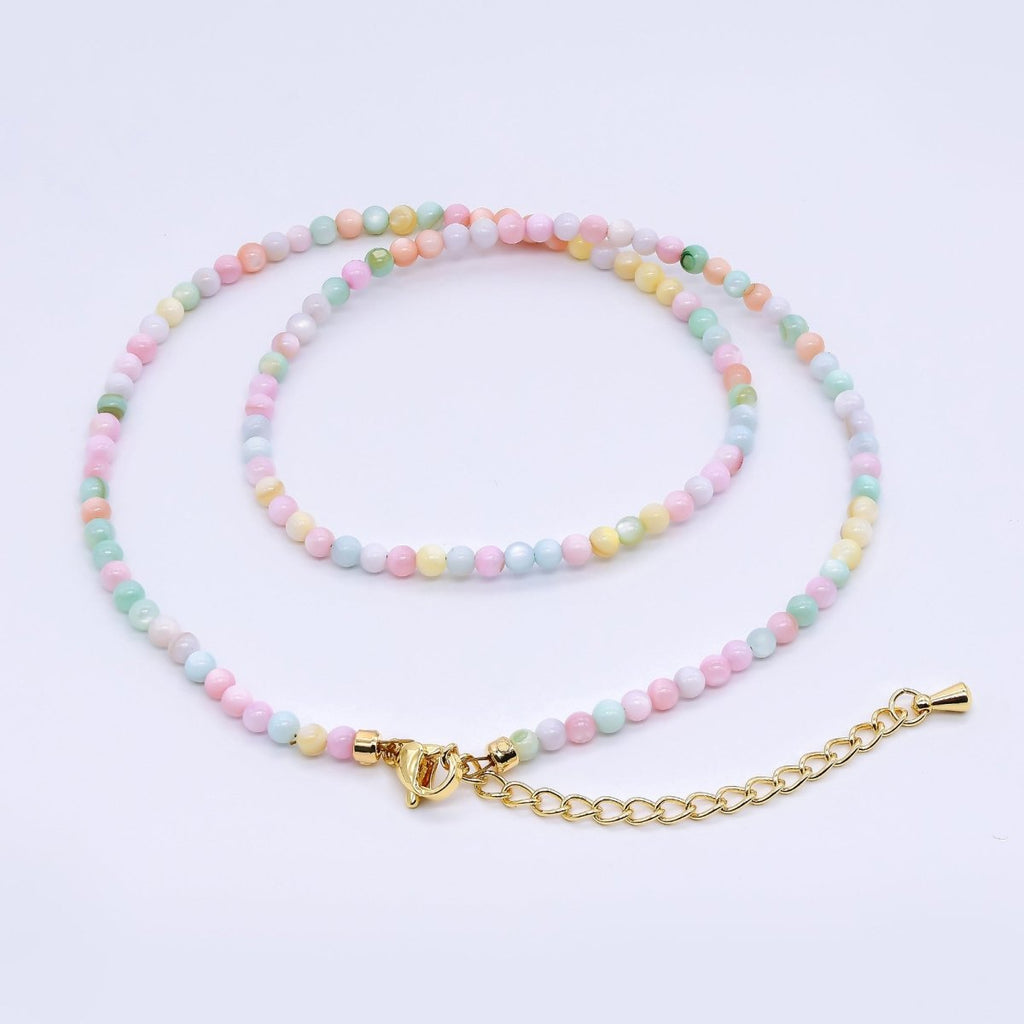24K Gold Filled 3mm White, Pink, Blue, Multicolor Gloss Round Shell Pearl 15.5 Inch Necklace | WA-3164 ~ WA-3167