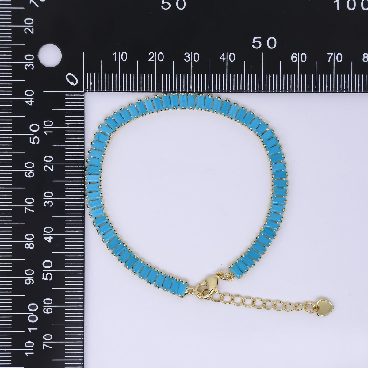 24K Gold Filled 5mm Blue Turquoise Baguette 7 Inches Tennis Chain Bracelet | WA-1606