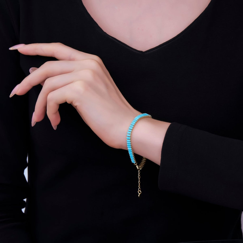 24K Gold Filled 5mm Blue Turquoise Baguette 7 Inches Tennis Chain Bracelet | WA-1606