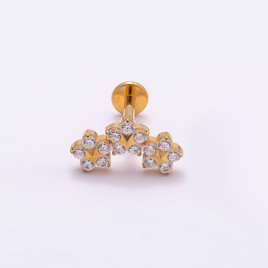 Titanium 6mm Clear CZ Triple Flower Cartilage Piercing Flat Back Stud in Gold & Silver | BJ-00071 BJ-00072