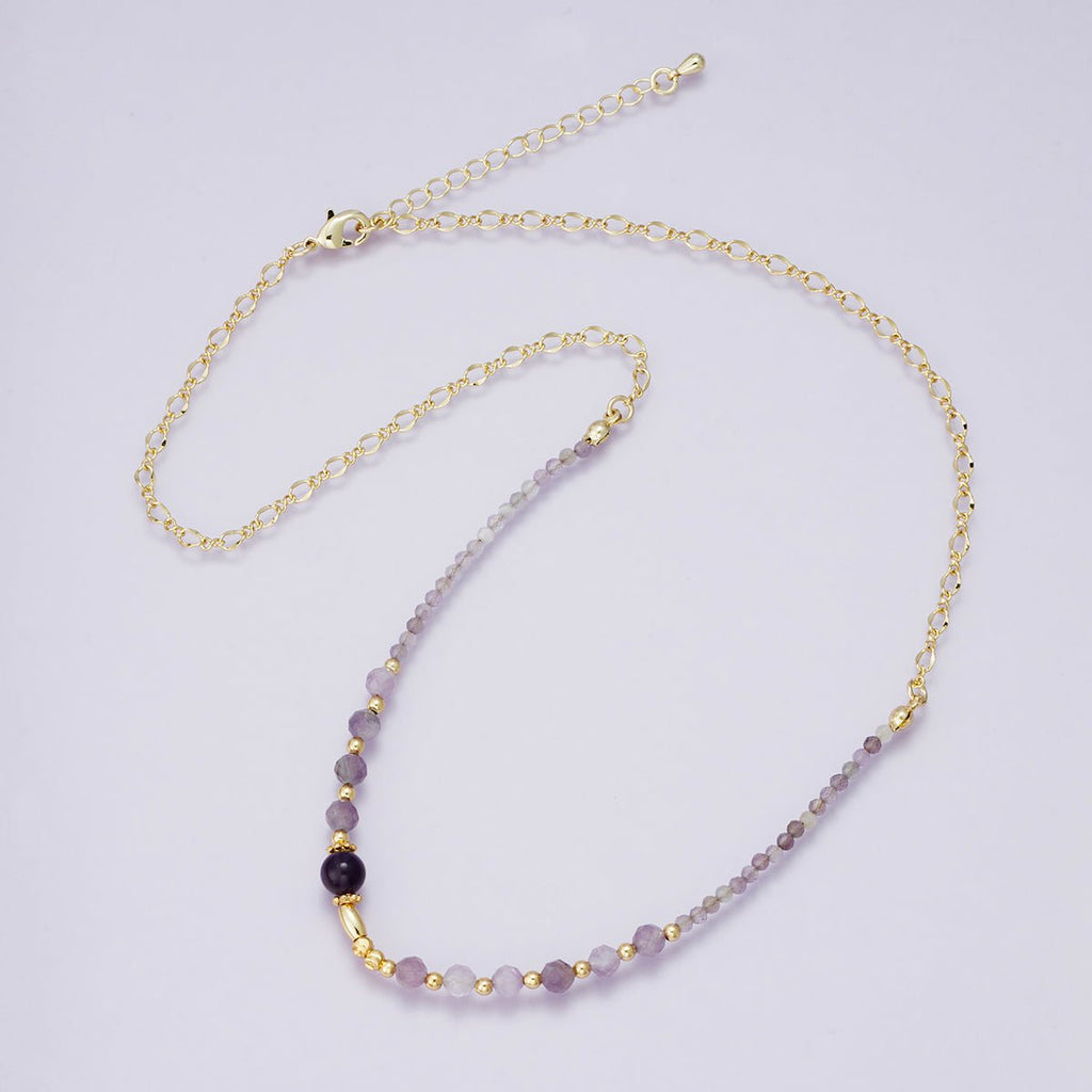 24K Gold Filled Amethyst Multifaceted Gemstone Ball Figaro Chain Half 18 Inch Necklace w. Extender | WA-04231
