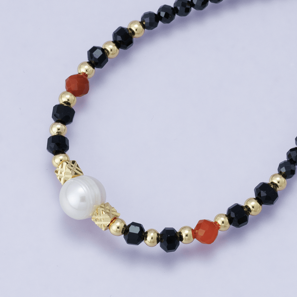24K Gold Filled Black Multifaceted Gemstone Bead Paperclip Chain Half 16 Inch Necklace w. Extender | WA-04205