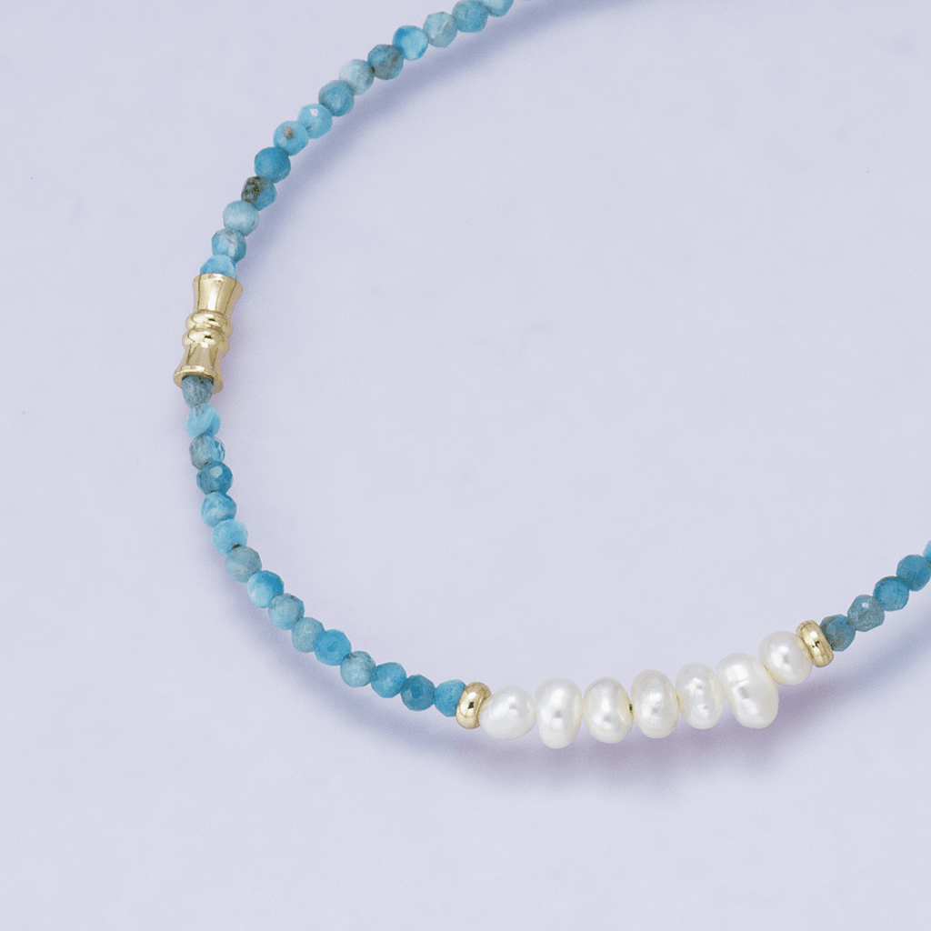 24K Gold Filled Blue Aquamarine Multifaceted Shell Pearl Gemstone Bead Figaro Chain Half 16.5 Inch Necklace w. Extender | WA-04208