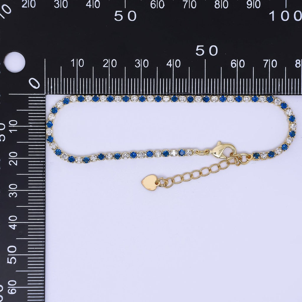 24K Gold Filled Blue Clear CZ Tennis 6.9 inch Bracelet with Extender | WA-1596