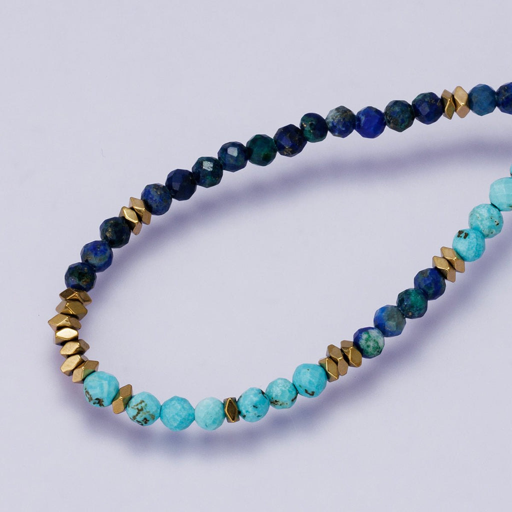 24K Gold Filled Blue Turquoise Lapis Lazuli Multifaceted Gemstone Cable Chain Half 18 Inch Necklace w. Extender | WA-04229