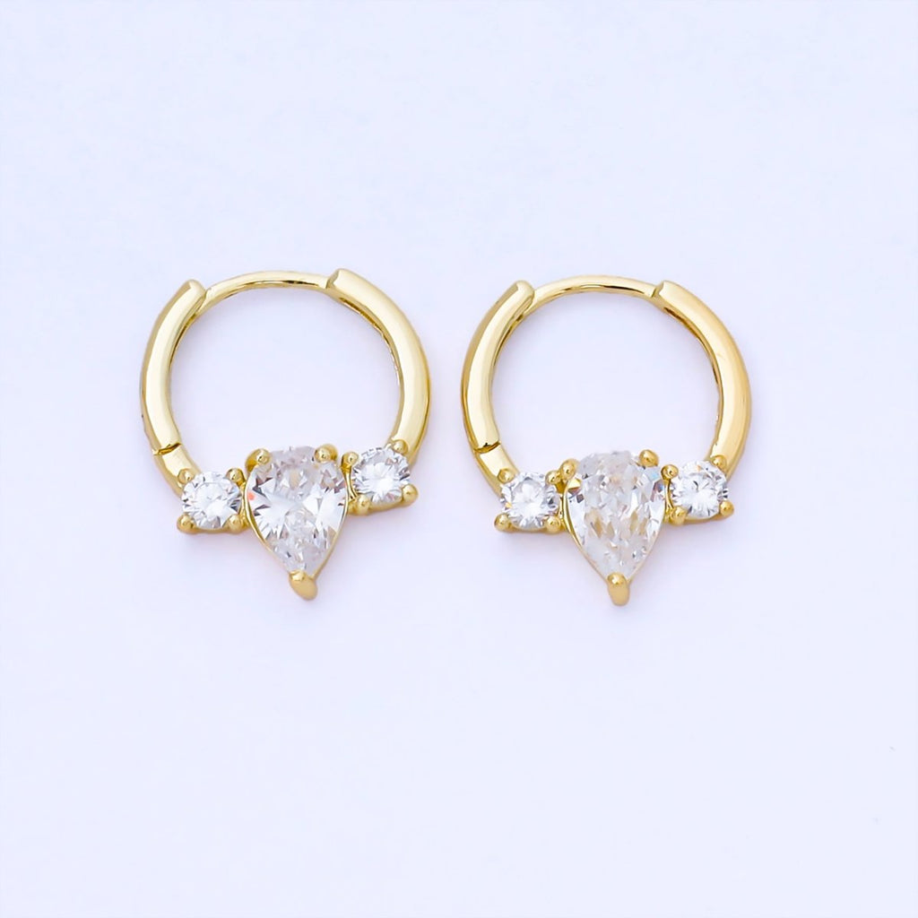 24K Gold Filled 15mm Clear CZ Three CZ Sideways Cluster Huggie Earrings | AB1624