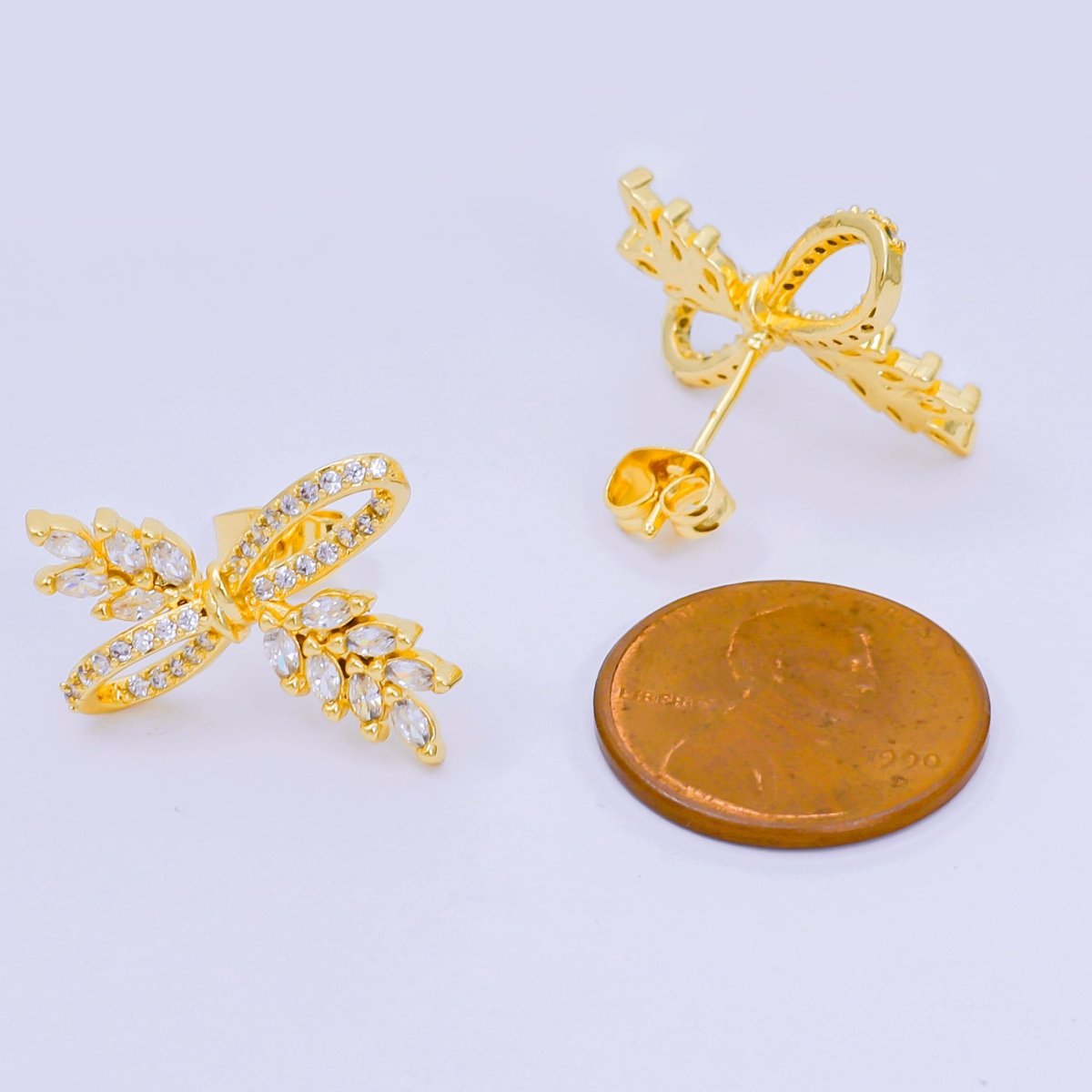24K Gold Filled Clear Marquise Micro Paved CZ Ribbon Knot Leaf Stud Earrings | AJ104