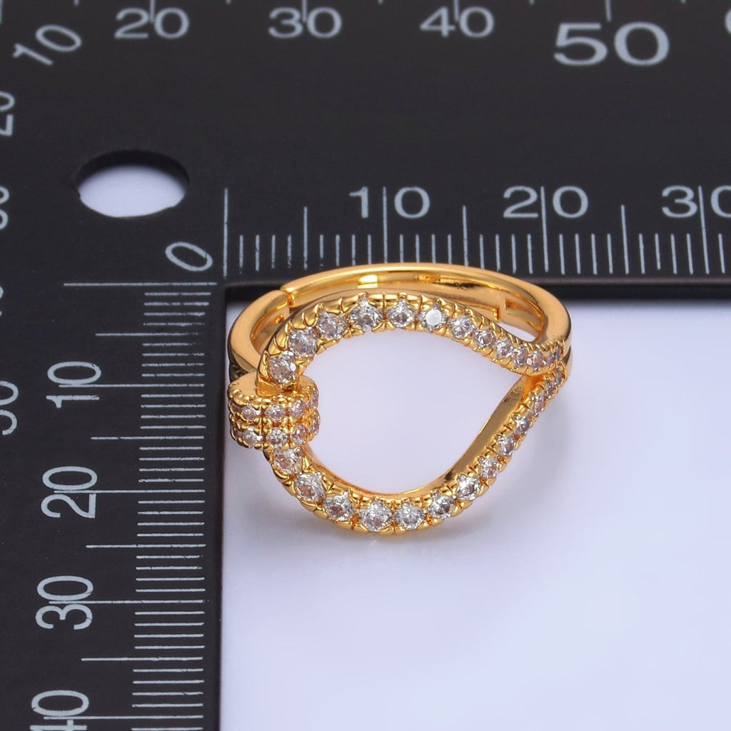 24K Gold Filled Micro Paved CZ Belt Buckle Geometric Adjustable Ring | U449